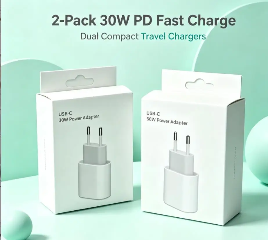 30W EU Plug PD Wall Charger Dual USB‑A & USB‑C Fast Power Adapter Compact Travel Charger for Smartphone Tablet Multi‑Devices