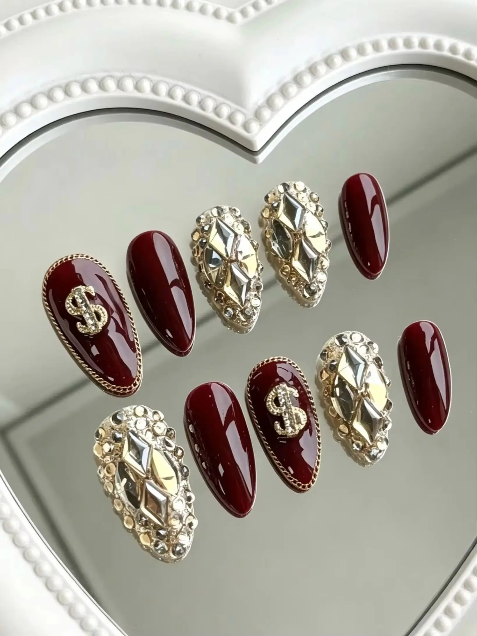 10-Piece Set of Burgundy Luxury Almond-Shaped Press-On Nails, with Diamond-Shaped Gold and Silver Embellishments + a Border of Crushed Diamonds, Fully Adorned with Diamonds, Sparkling and Luxurious, Eye-Catching