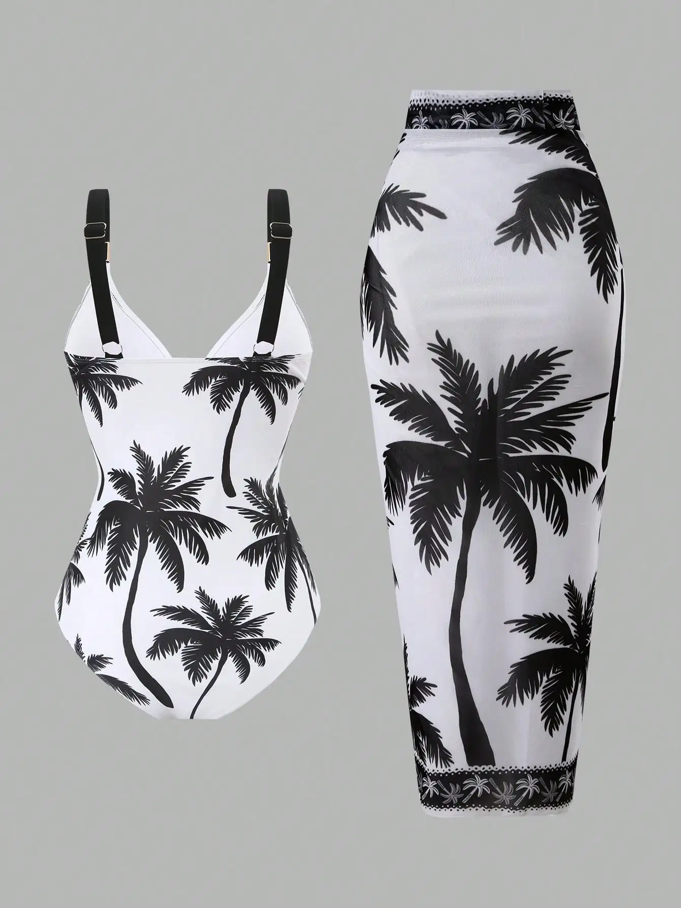 Women 2 Piece Swimsuit Set With Palm Tree Print And Mesh Wrap Skirt Beach Cover Up
