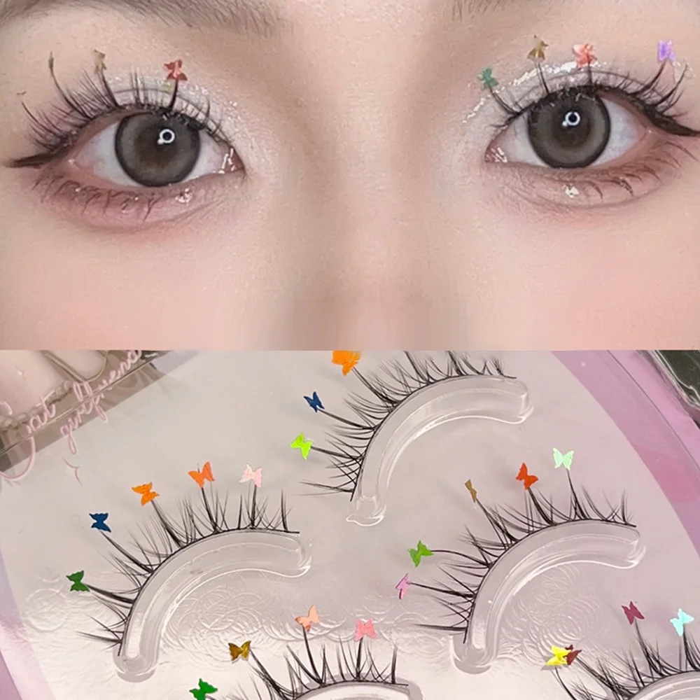3 คู่เพิร์ลผีเสื้อ Rhinestone เลื่อมขนตาปลอม Full Strip ธรรมชาติการ์ตูน Fairy ขนตาปลอมอุปกรณ์แต่งหน้า