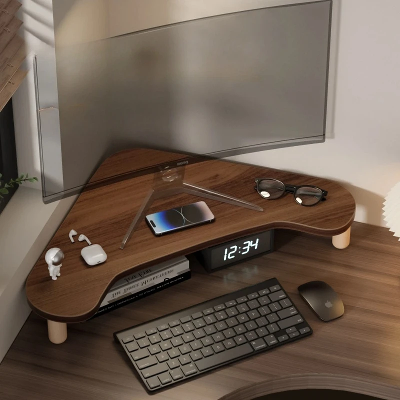 Corner Computer Stand, Triangle Monitor Riser for Desk, Space-Saving Organizer with Storage, Adjustable for 17-32 Inch Screens