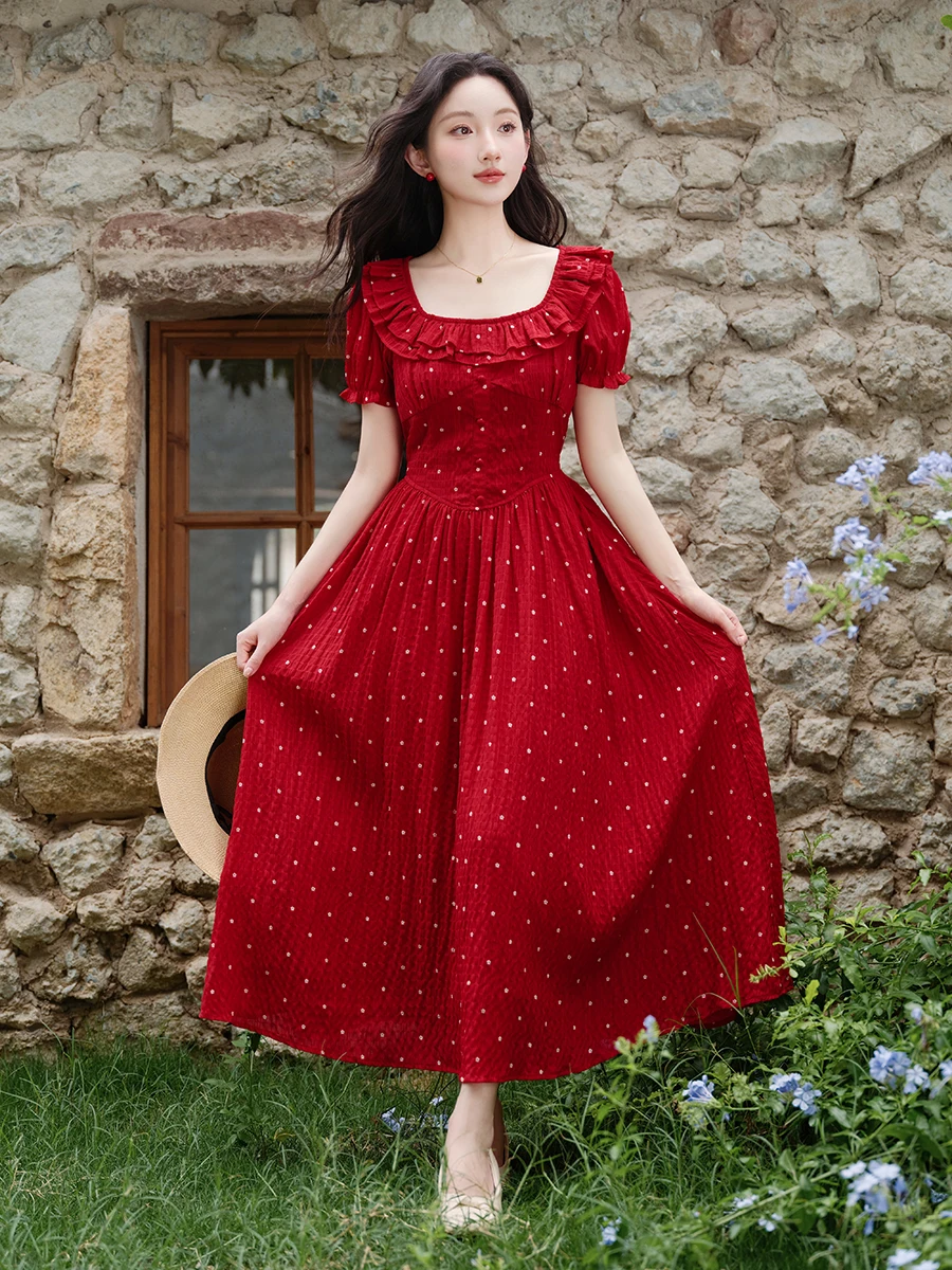 2023 neue Rote Polka Dot Quadrat Kragen Dr Abnehmen Langen Rock Sommer frauen Süße Hohe Taille Blase Sve Princ kleid