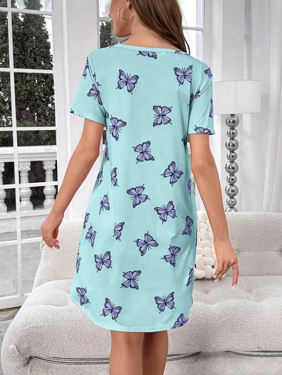 Butterfly Print Short Sleeve Nightgown For Women