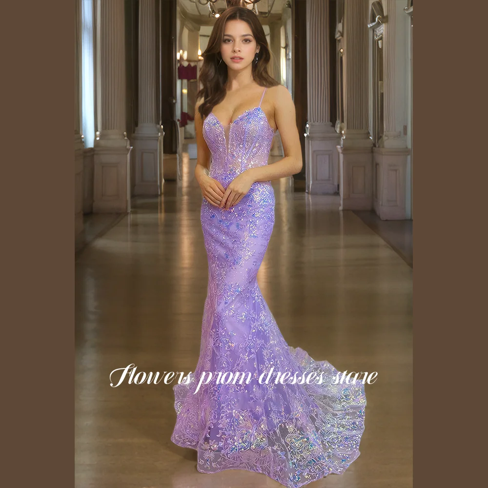 

Flowers Prom Mermaid Evening Gown Glitter فساتين مناسبة رسمية Shiny Party Dresses for Evening Lace Up Embroidery Prom Dress