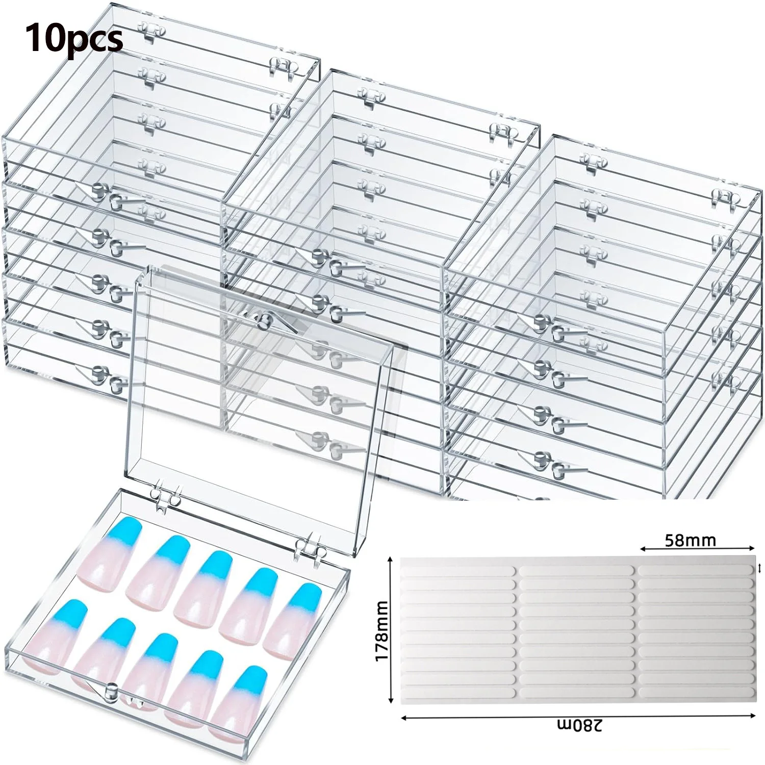 

10pcs Press-on Nail Storage Box with 30 Double-Sided Adhesive Strips Acrylic Nail Display Box Packaging Storage Case Nail Salon