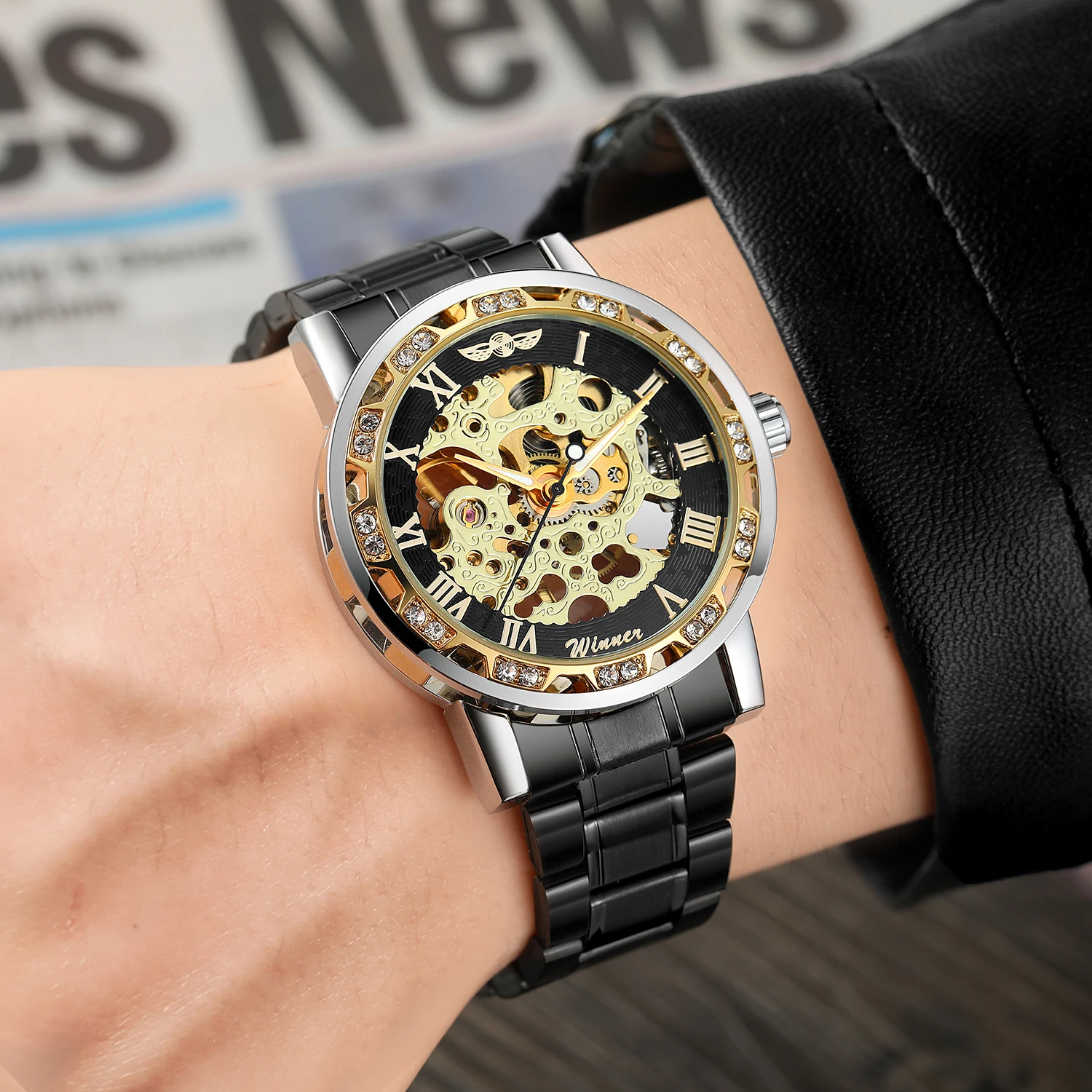 T-WINNER Fashion Casual Mens Watches Skeleton Mechanical Engraving Luxury Rhinestone Luminous Pointers Cool Black Man Wristwatch