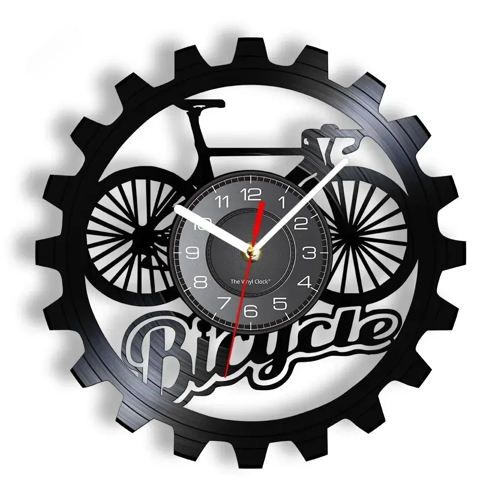 Vintage Bicycle Gear Vinyl Record Wall Clock Silent Hollow Laser Engraved Decor for Bike Lover Garage Workshop Bedroom Home
