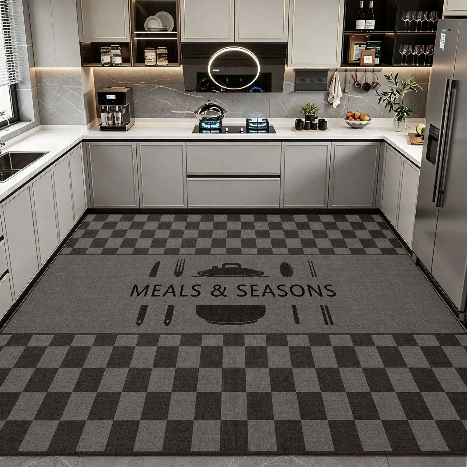 Gray Plaid Kitchen Rug PVC Leather Mat Anti-slip Rugs Oil-proof Stain-proof Impermeable Carpet Home Decoration Tapis Cuisine 러그