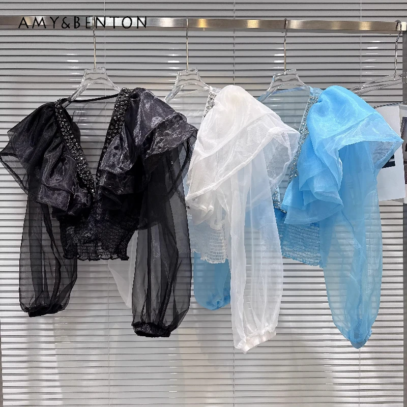 

Новинка 2026: Женская блузка с длинным рукавом, прозрачная, с глубоким V-образным вырезом и стразами, тонкая, универсальная, элегантная рубашка для женщин