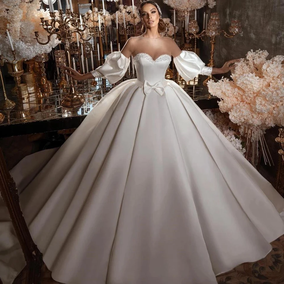 Elegante weiß/elfenbeinfarbene Ballkleid-Hochzeitskleider 2025, Laternenärmel, Illusion, Perlenstickerei, Brautkleider, Kapellenzug, Vestidos de Novia