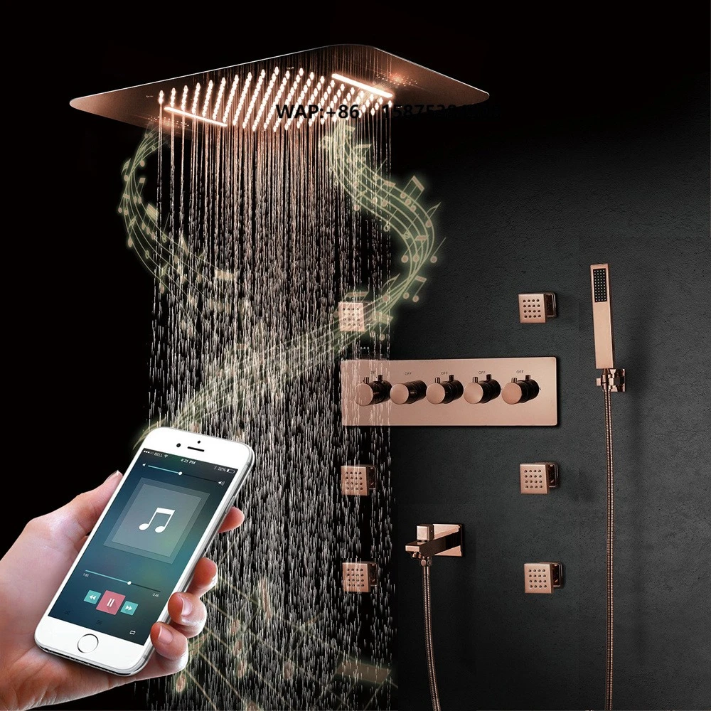 Rose Gold 58*38cm Wall Mounted Thermostatic Bathroom LED Shower Faucet Set with Music System