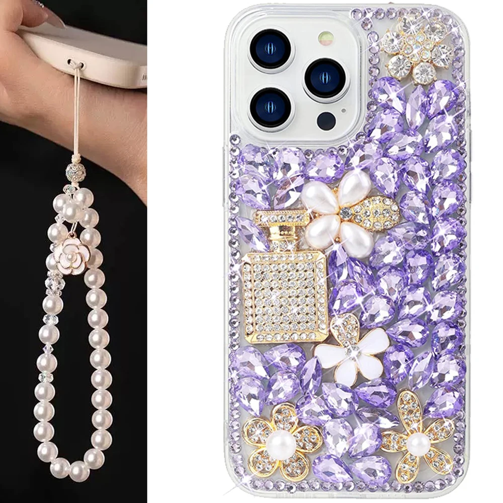 

Diamond Crystal Cute Perfume Bottle Pearl Chain Strap Case Cover for iPhone 15 13 12 11 Capa 14 Pro 15pro max XS 16 8 PLUS Funda