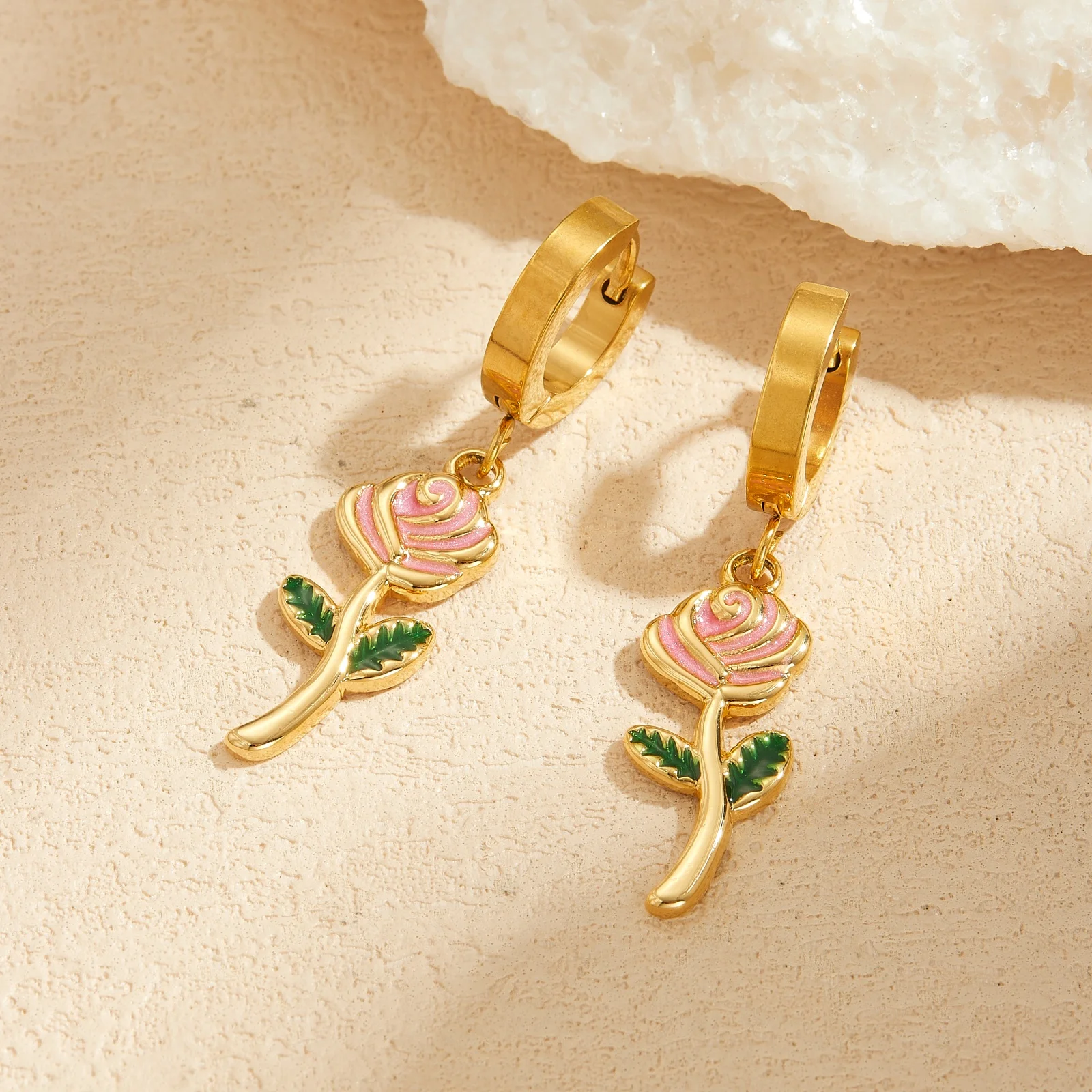 Stainless Steel Pink Enamel Rose Flower Pendant Earrings For Women Fashion Waterproof Dangle Earrings Jewelry Gift