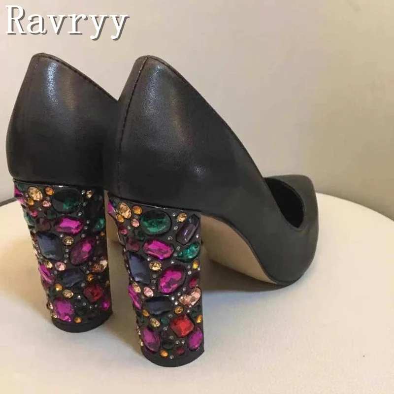 Luxury Colored Rhinestone Thick Heels Pumps Women New Black Gold Sheepskin Pointed Toe High Heels Ladies Fashion Dress Shoes