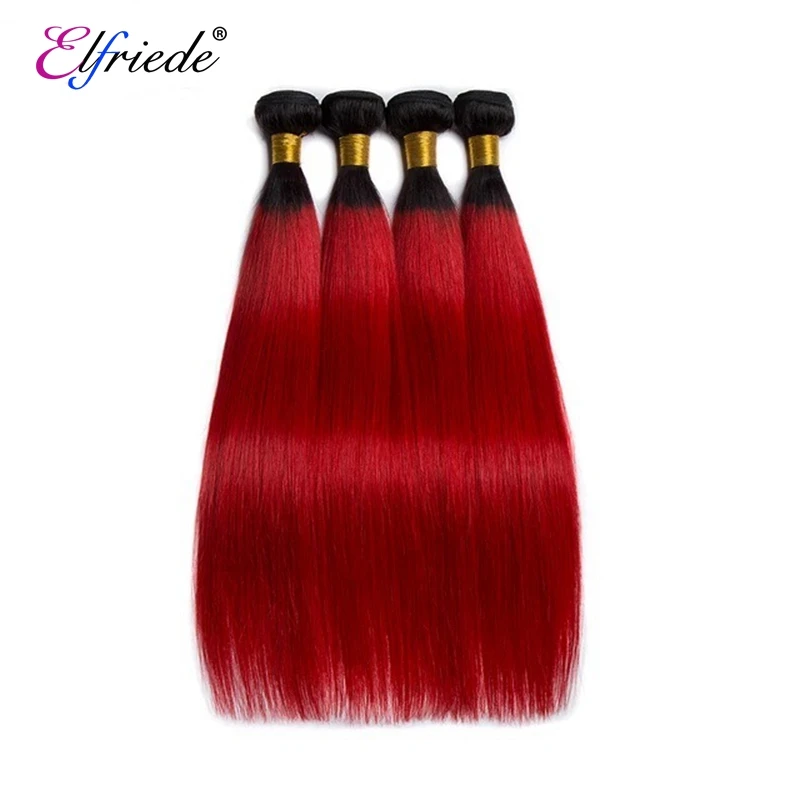 Elfriade-extensiones de cabello humano liso con malla Frontal transparente, mechones de pelo liso de color ombré 1B/rojo, 3 mechones, 13x4