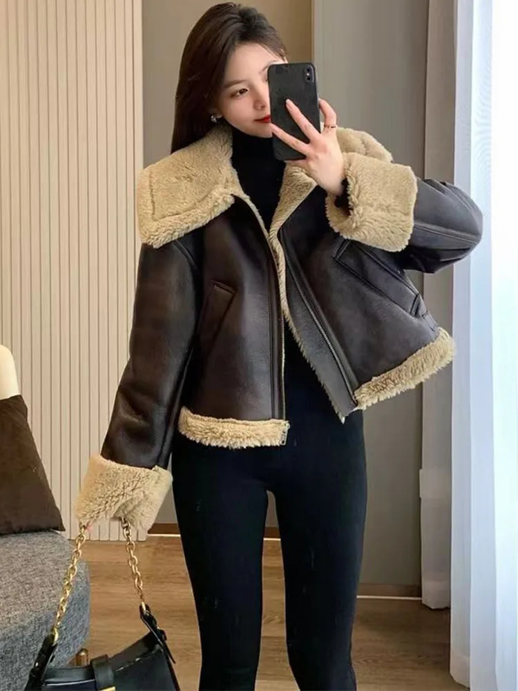 Winter Warm Waterproof Sheepskin Lamb Coat Thick Loose Parka Faux Fur Leather Jacket Female Plus Size Zipper Moto Biker Outwear