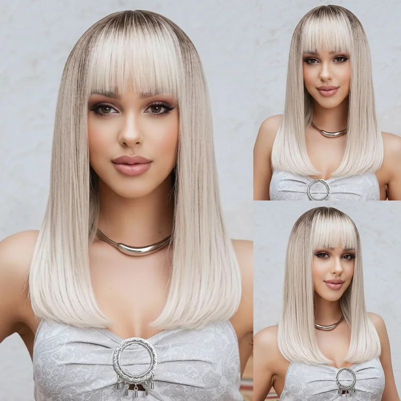 New European and American style women's , platinum blonde, with bangs, long straight synthetic hair, African wig