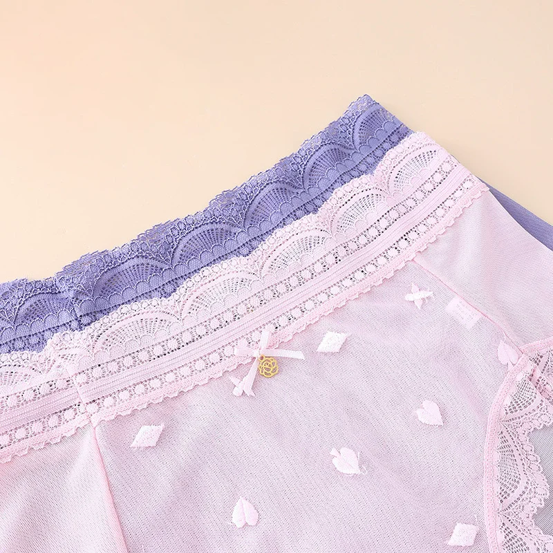 Women Mid Waist Panties Sexy Lace Bow Mesh Transparent Briefs Lady Ultra-thin Underpants Lingerie Seamless Breathable Underwear