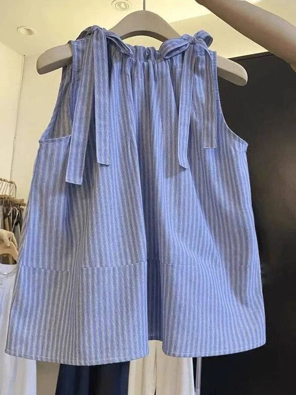 

Loose Fit Stripe Pattern No Sleeve Shirt Men's Casual Style Knot Design Summer Top Unisex Comfortable Breathable