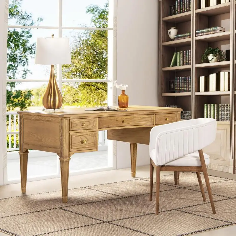 

Natural Brown 5-Drawer Executive Desk with Gold Accents, Elegant Wood Design