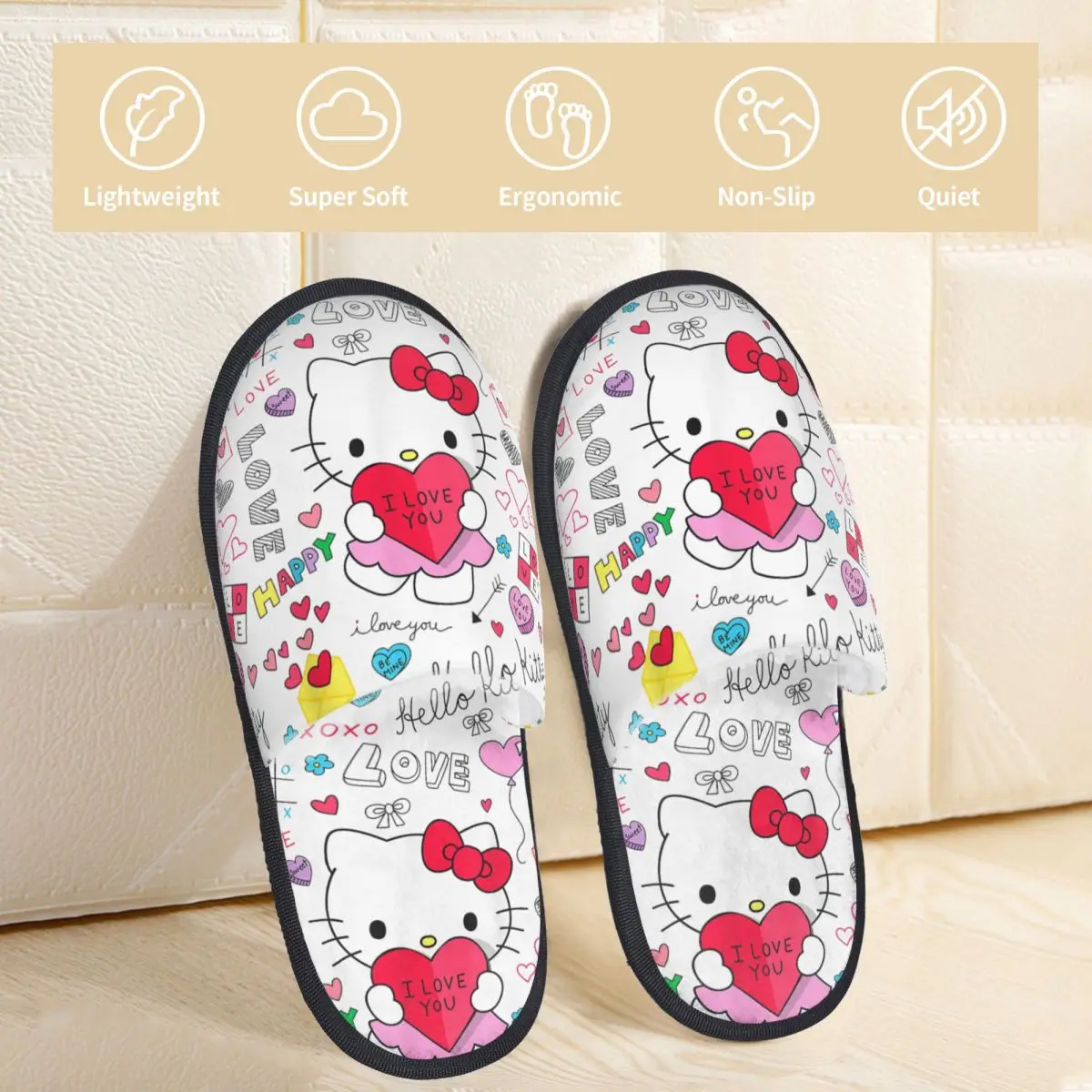 Hello Kitty Love Notes شباشب شتوية لعيد الحب لغرفة المعيشة، شرائح مريحة من إسفنج الذاكرة غير قابلة للانزلاق