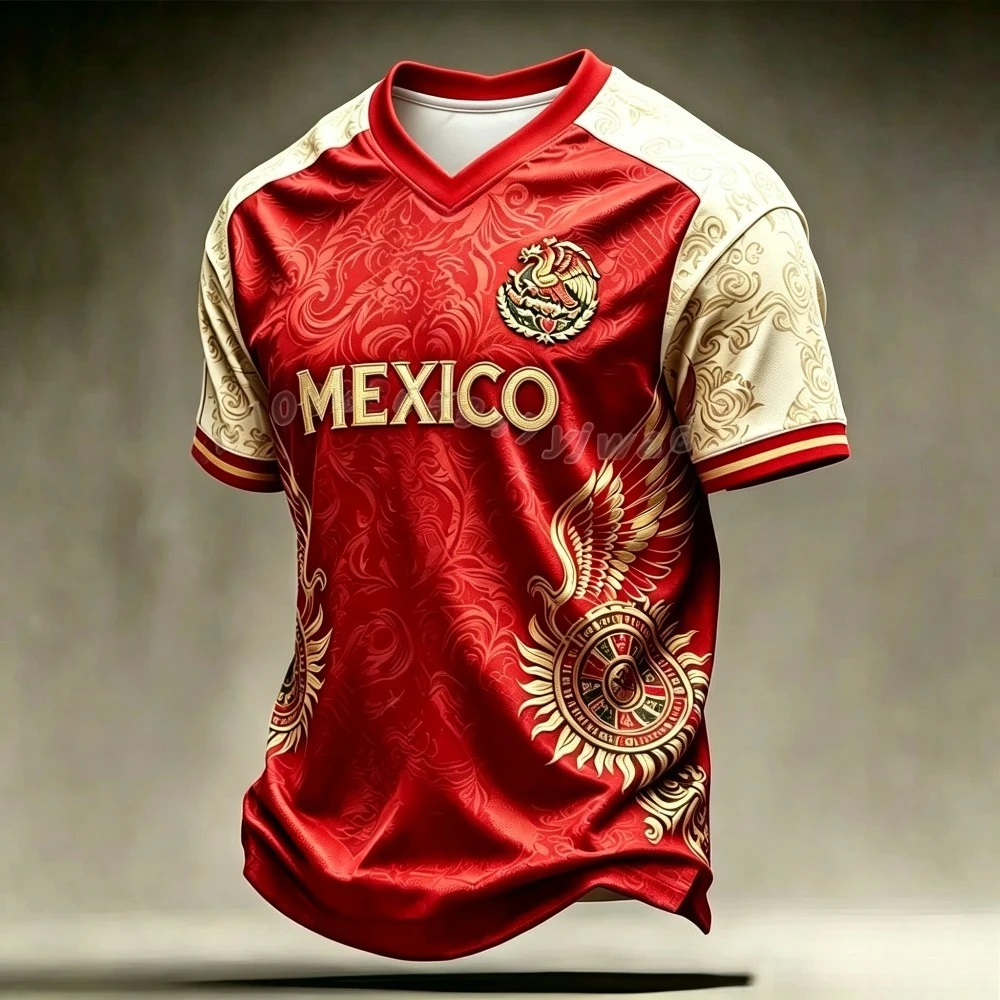 Mexico Short Sleeve Fashion Vintage Pattern Soccer Jersey, Breathable Polyester Short Sleeve Football Fan Sport Shirt