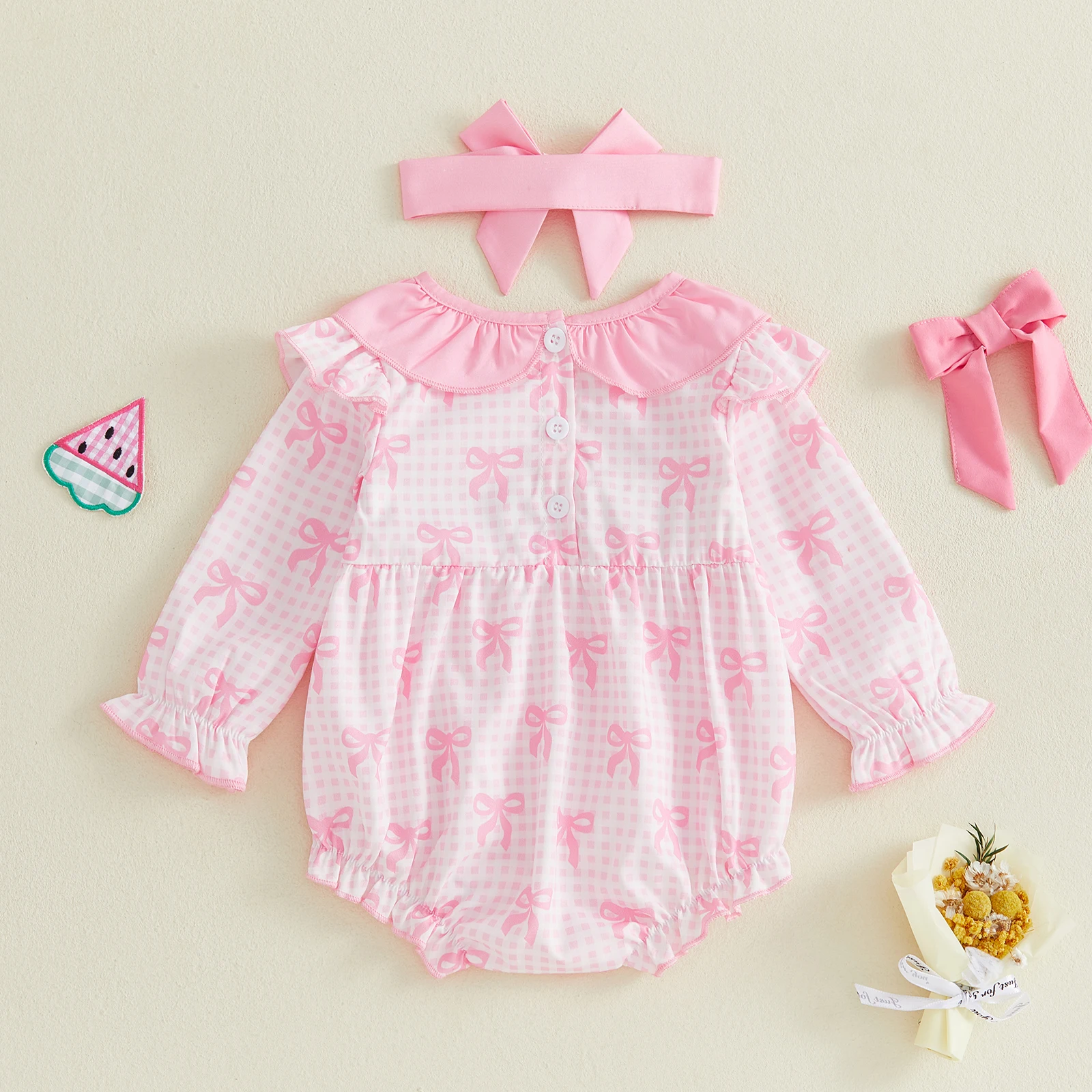 Sweet Baby Girl Fall Bodysuits Outfits Long Sleeve Round Neck Bowknot Romper with Headband