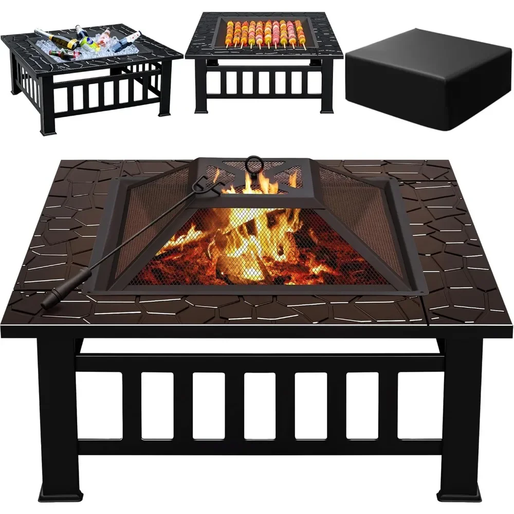 Multifunctional Patio Fire Pit Table, 32in Square Metal BBQ Firepit Stove Backyard Garden Fireplace with Spark Screen Li