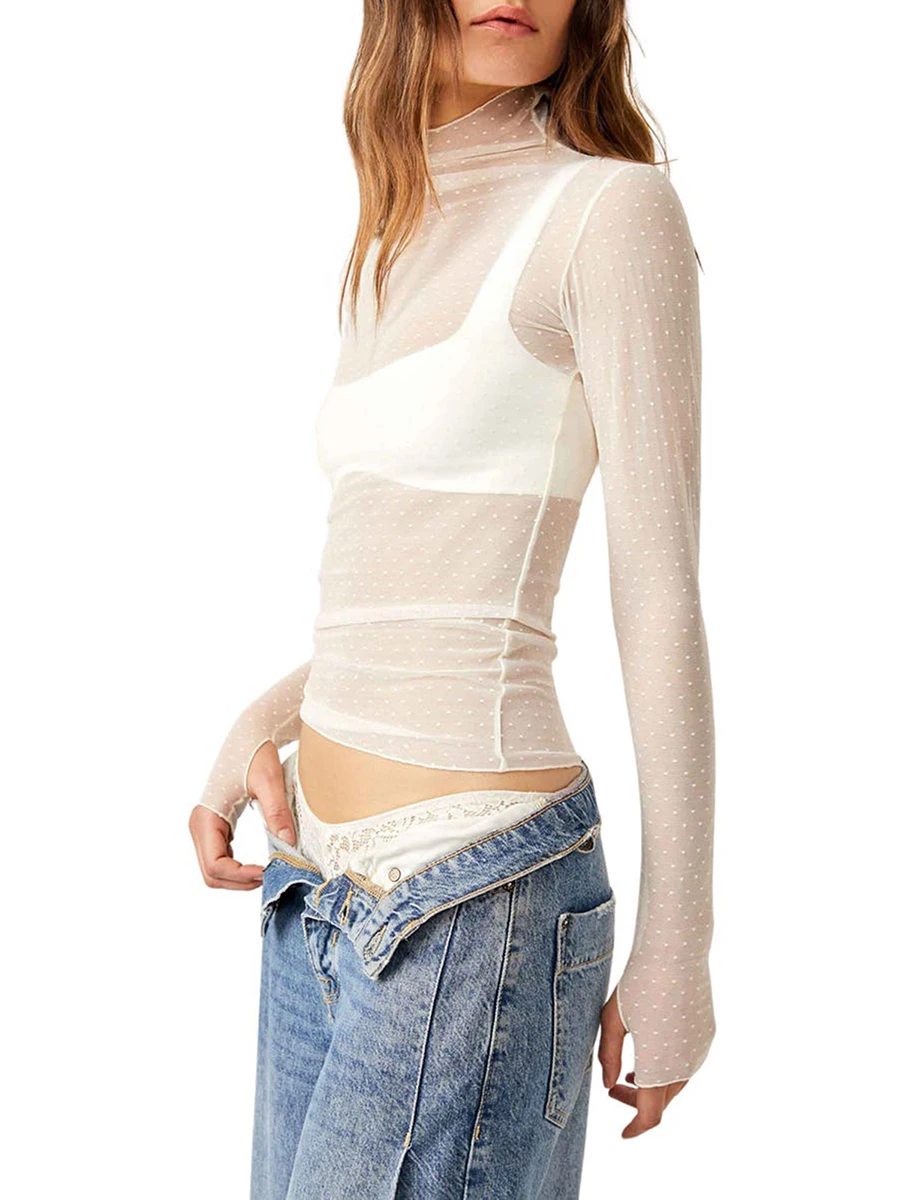 Women Sexy Sheer Mesh T-Shirts Mock Neck Long Sleeve Crop Tops Retro See Through Tees Shirt Fairycore Grunge Streetwear