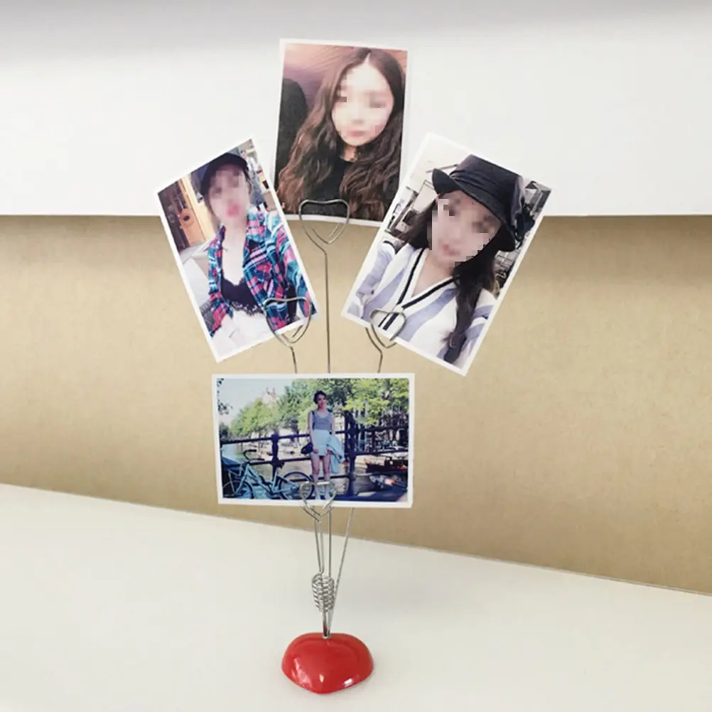 2Pcs Red Heart-Shaped Resin Base Photo Clip Holder with 4 Heart Wire Clips Memo Note Stand Desktop Office Decorative Accessory