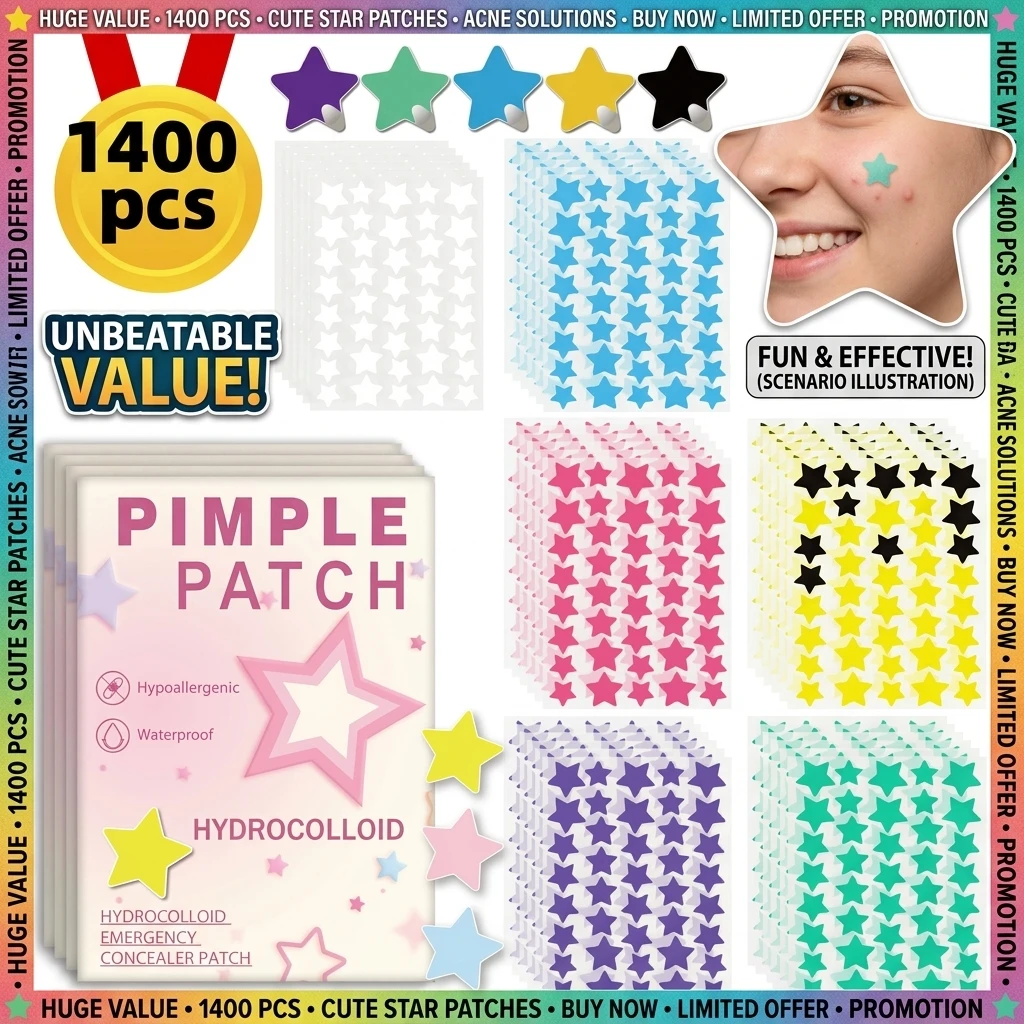 1400pcs Black Star Acne Patch Fashion Ultrathin Breathable Acne Covering Hydrocolloid Patch Beauty Face Acne Patch