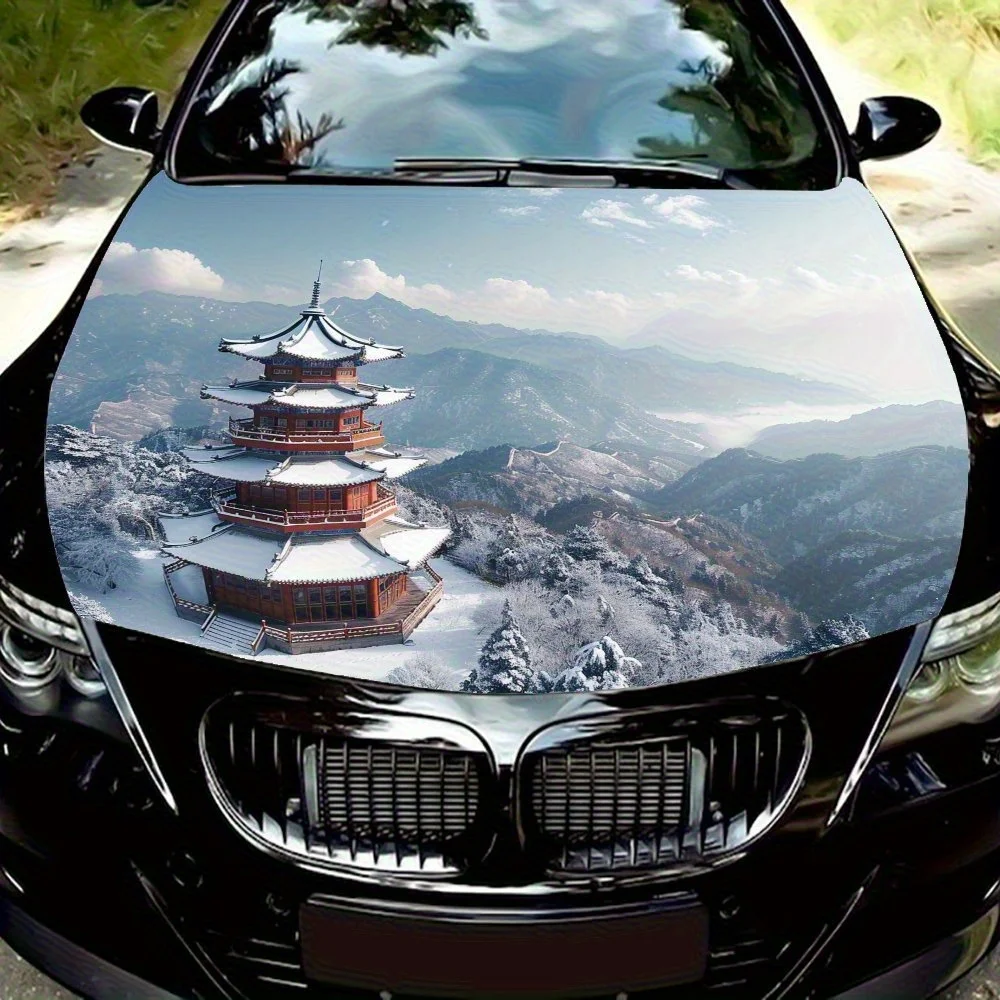 

Asian Style Ancient Pagoda Snow Scene Hood Print Sticker, Waterproof And Sun-proof PVC Print Sticker, Auto Parts Accessories