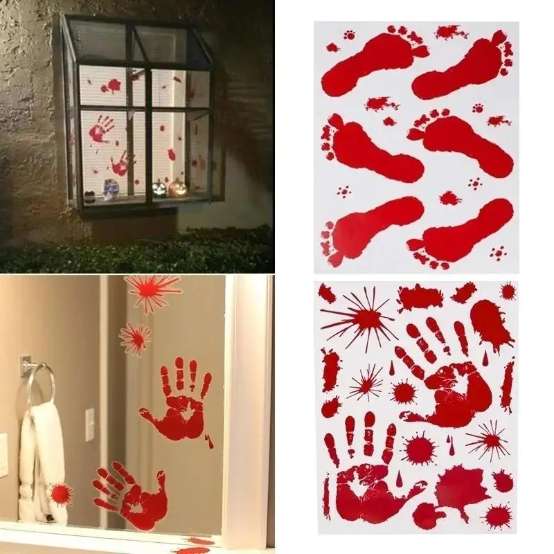 2026 Halloween Horror Blood Hand Foot Wall Window Stickers Removable Glass Decals Living Room Bedroom Cosplay Party Decor