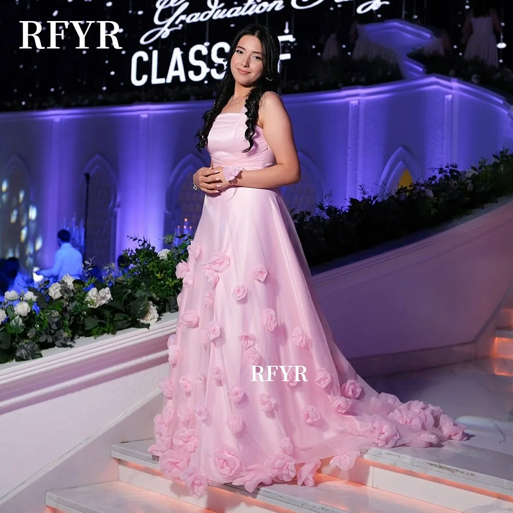 RFYR A Line Evening Dresses 3D Flowers Party Dress Strapless Celebrity Gala Dress Robe De Mariée Princess Gowns Customized