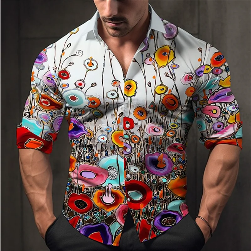 

2025 Men's T-shirt Suit Button Shirt half Splicing Trend New Geometric Flower Clear Pattern Soft And Comfortable Shirt Clothing