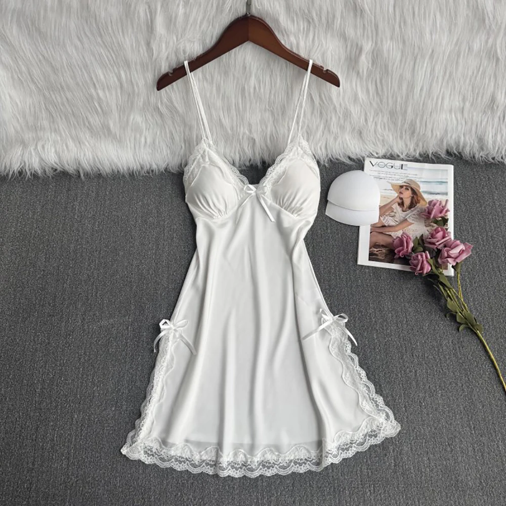 

Женская ночная сорочка с кружевной отделкой, без рукавов, на бретельках, сексуальная ночнушка с V-образным вырезом, домашняя одежда для отдыха