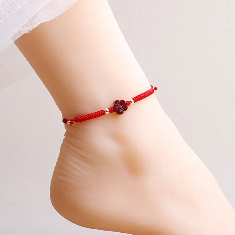 Chinese Style Anklet with Retro Charm Handwoven Red String Accessories for Luck and Love Girlfriend Gifts