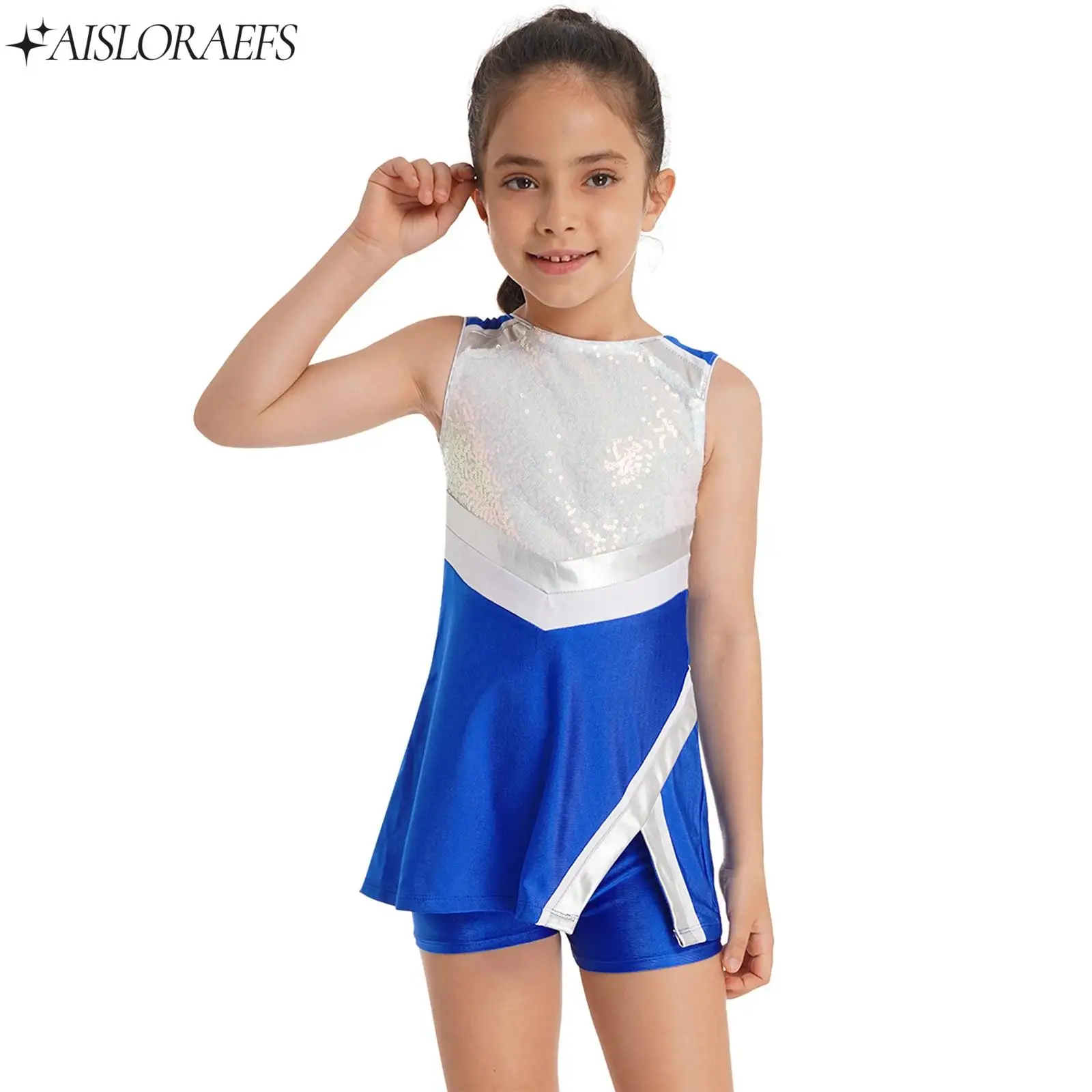 

Kids Girls Cheerleading Uniform Sleeveless Sequins Dance with Shorts Outfit Round Neck Sleeveless Sequins Adorned Bodice Dress