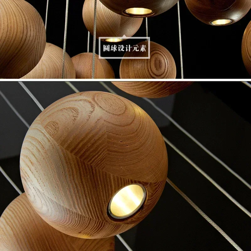 Designer's Solid Wood Pendant Light Creative Art Kitchen Restaurant Hanging Lamp New Chinese Hotel Wooden Ball Bar LED Lighting