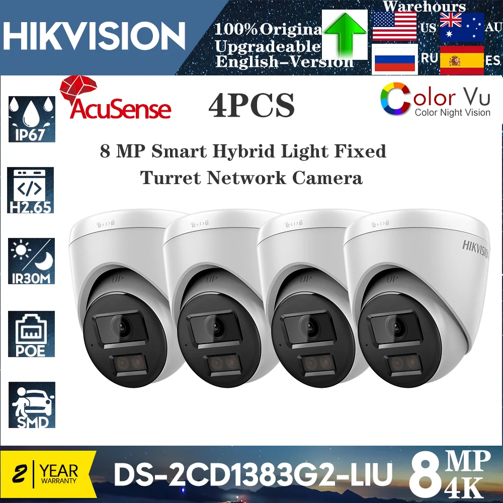 4PCS Hikvision 4K 8MP IP Camera Built-in Mic DS-2CD1383G2-LIU Dual-Light Smart Hybrid Light With ColorVu Fixed Turret Network Ca