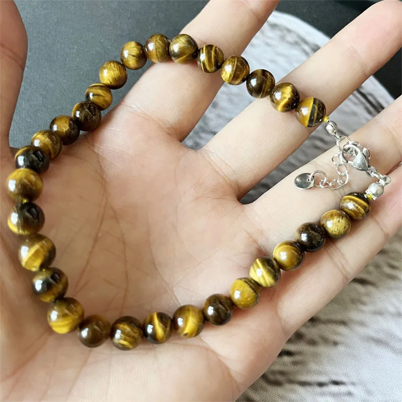 8MM Natural Tiger Eye Stone Dogs Necklace Adjustable Cute Basic Collars Animal Elegant Pets Everyday Wear Cat
