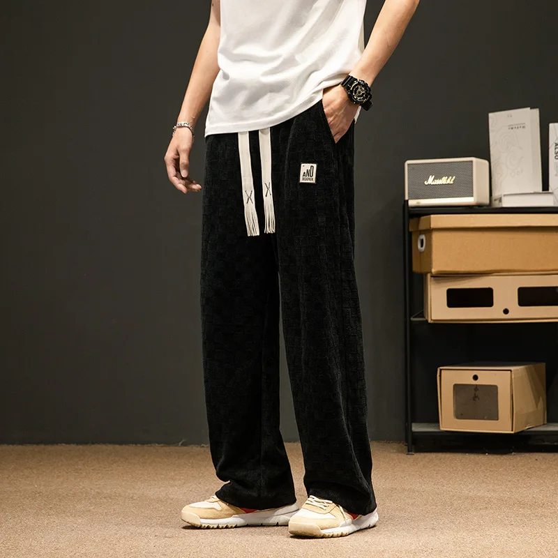 

Thiened Fce Men's Autumn Winter Straight Leg Casual Pants Loose Wide Leg Warm Sweatpants Faionable Casual Trousers