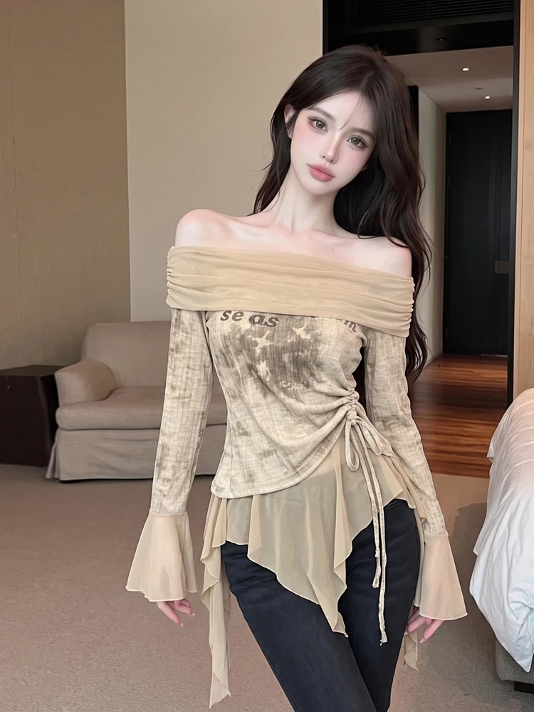 Retro Shoulder T-Shirt with Bell Sleeves Smear Printing Drawstring Hem Irregular Hemline for Trendy Girls Long Sleeve T-Shirt