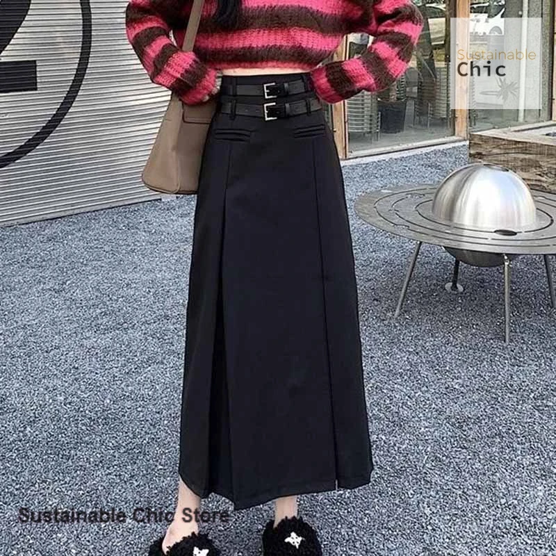 

Korean black long A-shaped skirt women's spring and autumn new high waist comfortable slim fashion design casual long skirt.