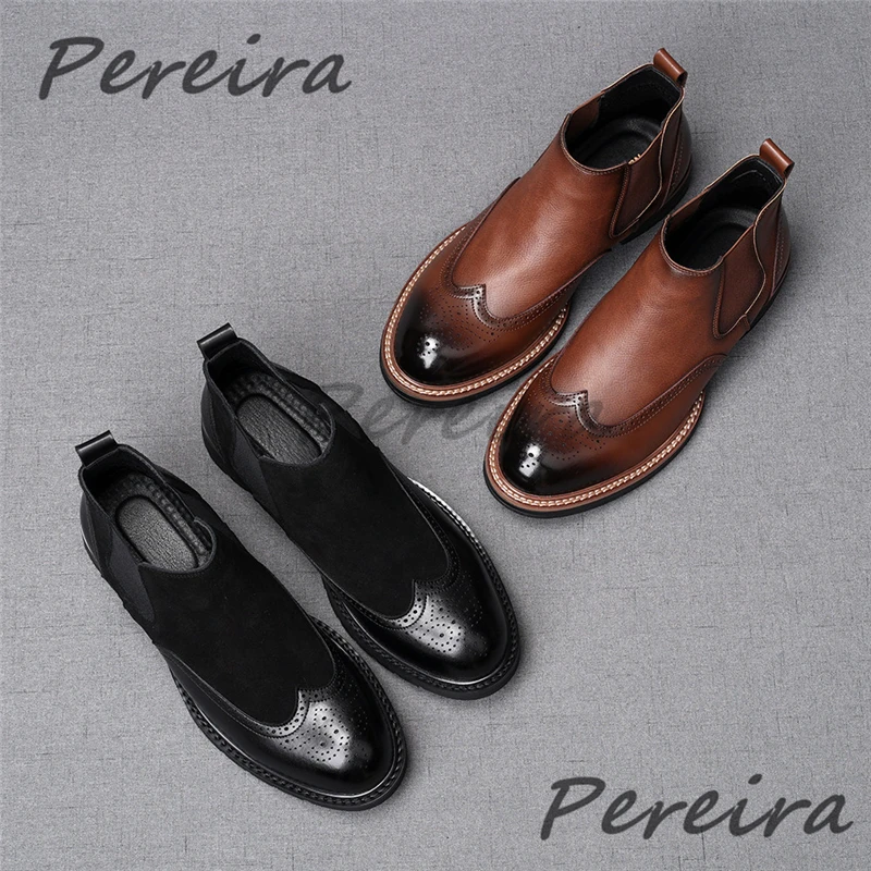 British Style Retro Carved Ankle Boots for Men Fashion Suede Patchwork Slip-On Short Boots Spring Autumn New High Top Shoes