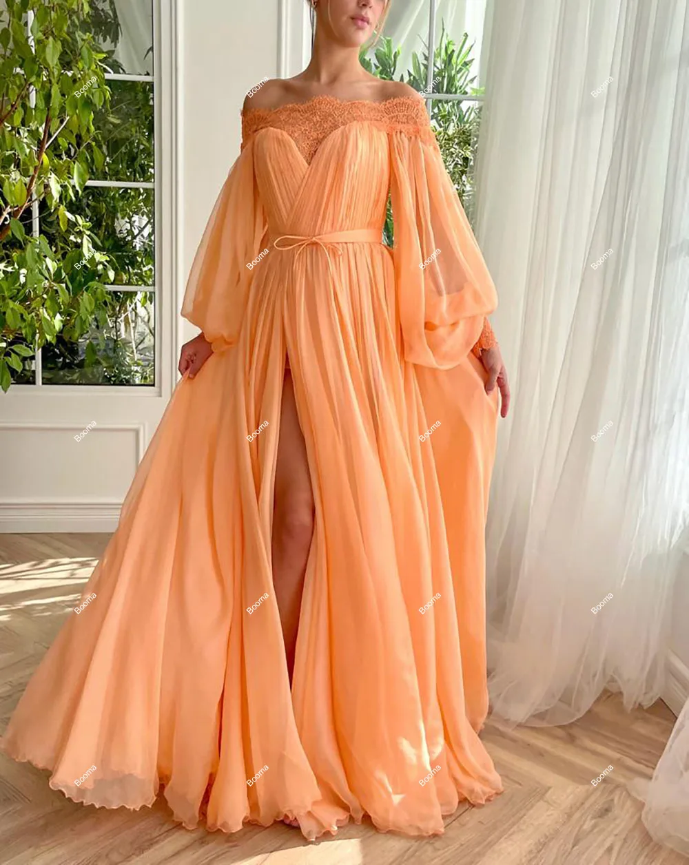 Booma Orange Chiffon Long Evening Dresses Boat Neck Puff Sleeves Party Prom Gowns Lace High Side Slit Women\'s Formal Dress