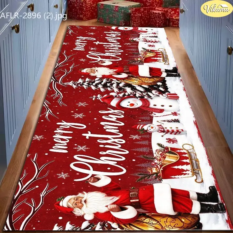 VIKAMA Crimson Santa Snowman Sled Crystal Velvet Long Carpet Non Slip Floor Pad for Xmas Warm Cozy Decorative Home Decor