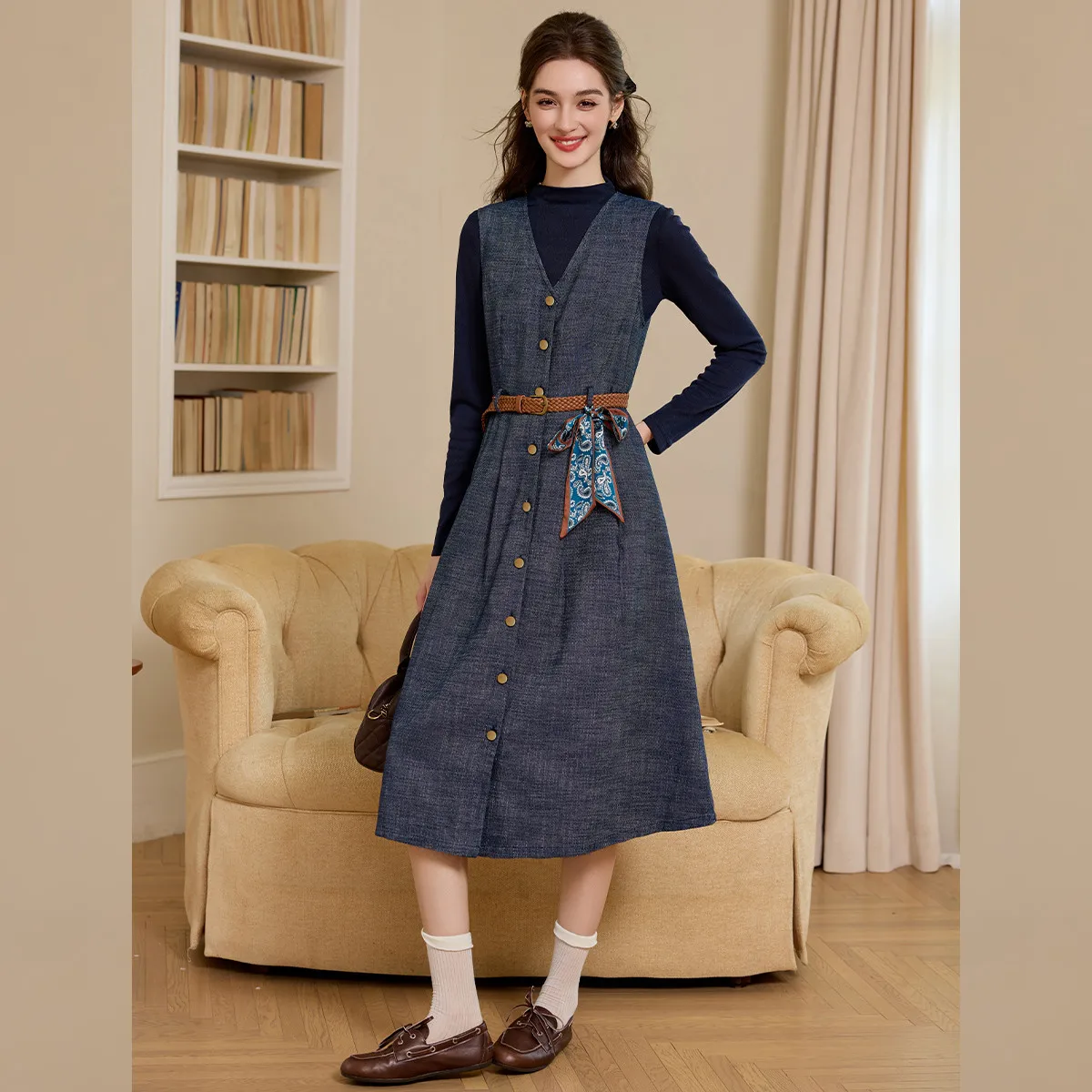 LOUIS YAO T-shirt met lange mouwen en denimjurk, tweedelige set 2025, herfst, afneembare riem, hoge kraag, top, damesset