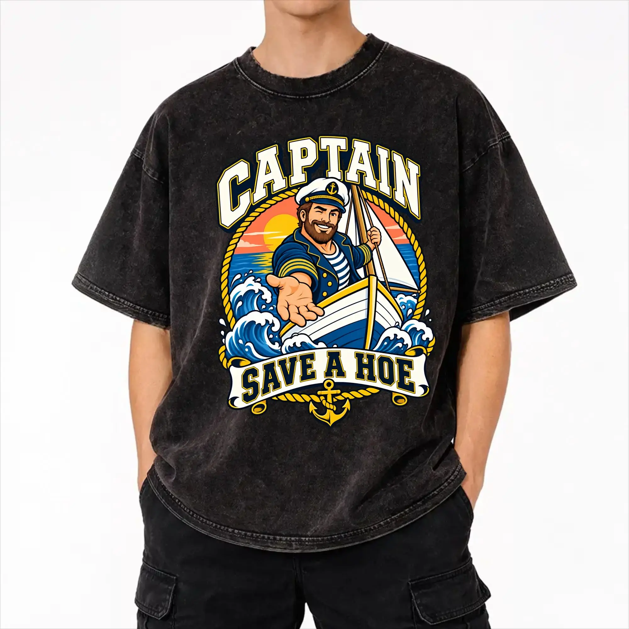 Captain Save a Hoe Sailor Rescue  T Shirt Hip Hop Washed Cotton Harajuku T-Shirt  Vintage Men Women Streetwear Summer Tees