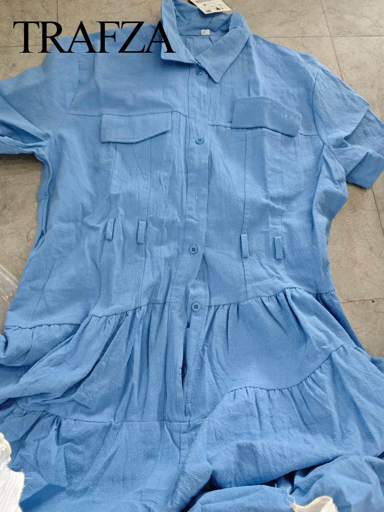 TRAFZA 2024 Summer Fashion Women Blue Solid Folds With Belt Long Dresses Woman Short Sleeves Casual Loose Vestidos Beach Holiday